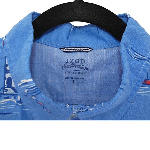 Izod Saltwater Cotton Blue Nautical Short Sleeve Button Up Casual Shirt Sz L - Picture 6 of 7